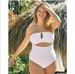 Aerie Jacquard White Keyhole Cutout Bandeau Swimsuit. Size S